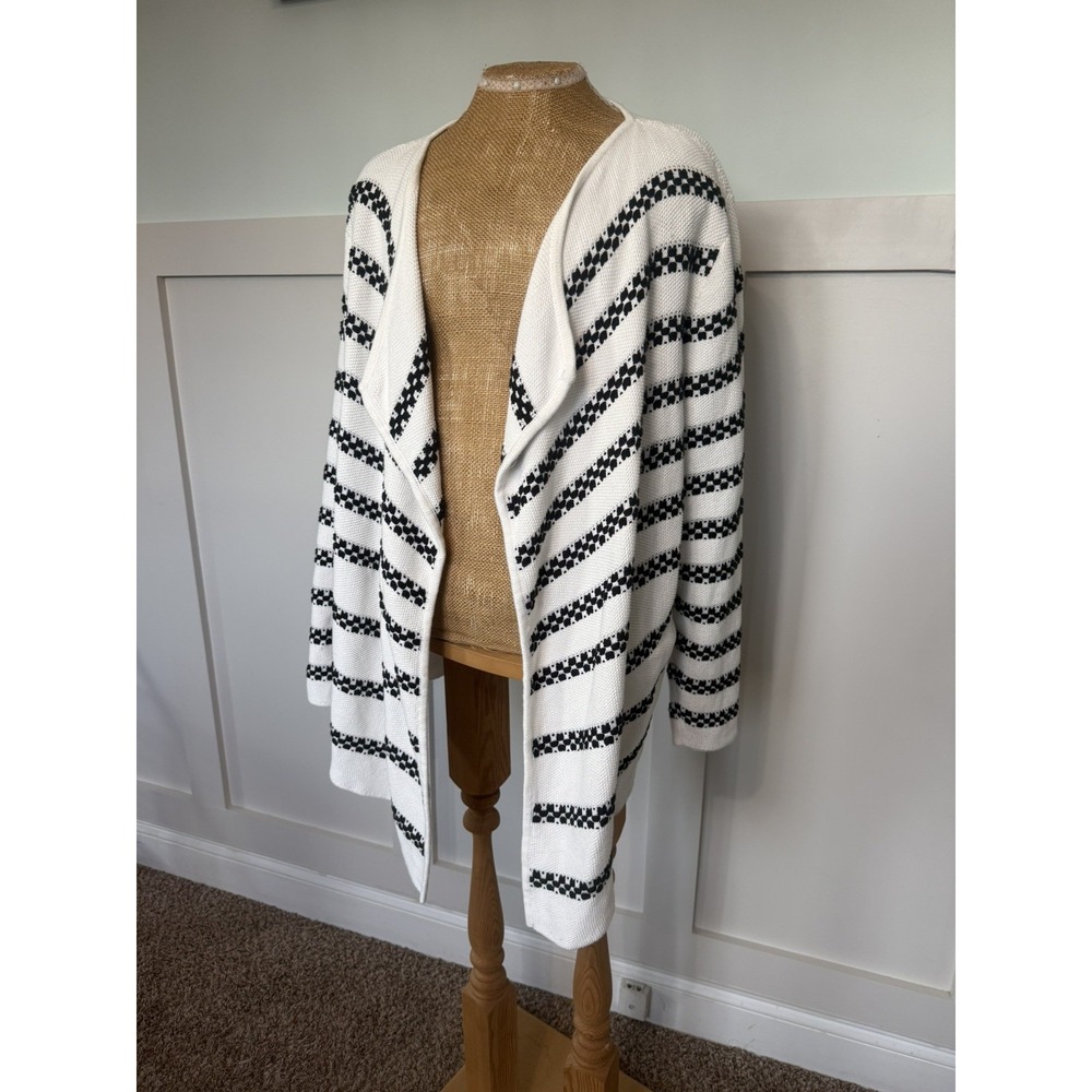 Talbots Drape Front Open Contrast Knit Stripe Cardigan Sweater 2X black white